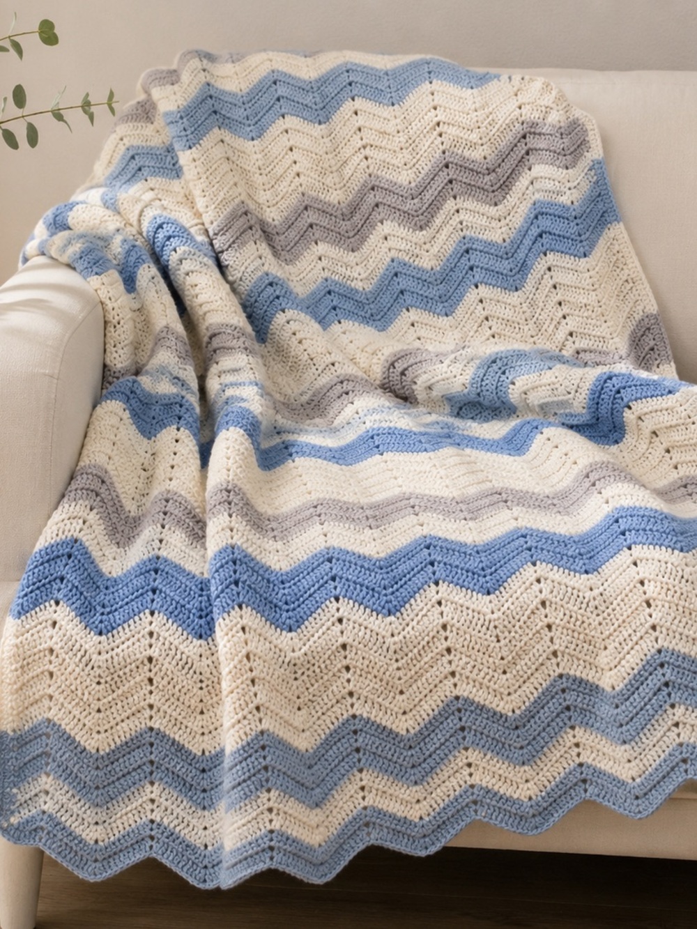 Handmade Chevron Throw Blanket Blue Cream Gray Wool Blend Cozy Boho Farmhouse